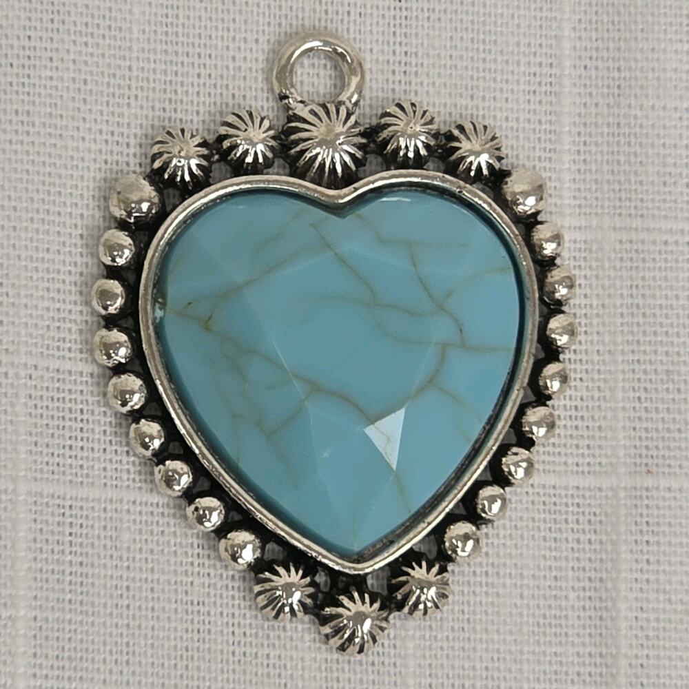 Turquoise Blue Heart Pendant Silver Tone Western Southwestern Jewelry Large